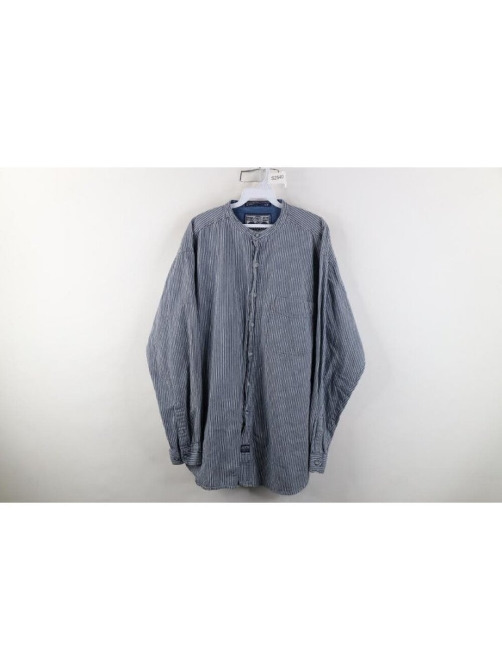 Vintage 90s Streetwear Mens Large Faded Denim Striped Band Collar Button Shirt